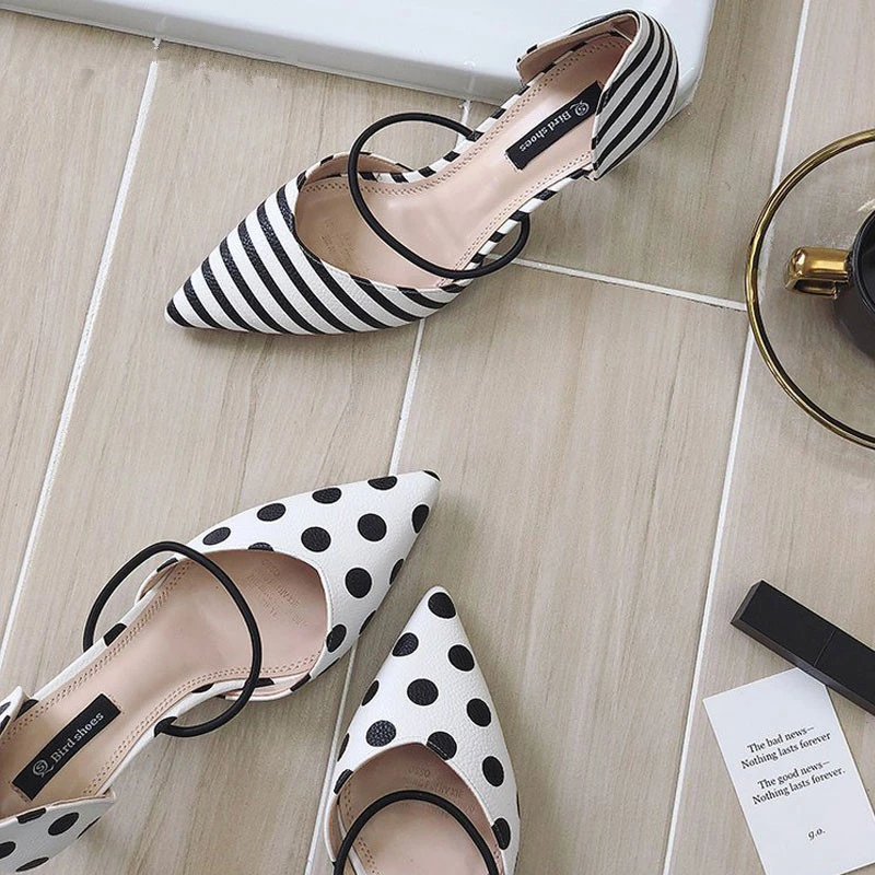 

Summer Polka Dot Women Sandals Pointed Toe Women Stripe 6cm Thin Heel Ladies Slippers Comfortable Slip On Shoes Pumps