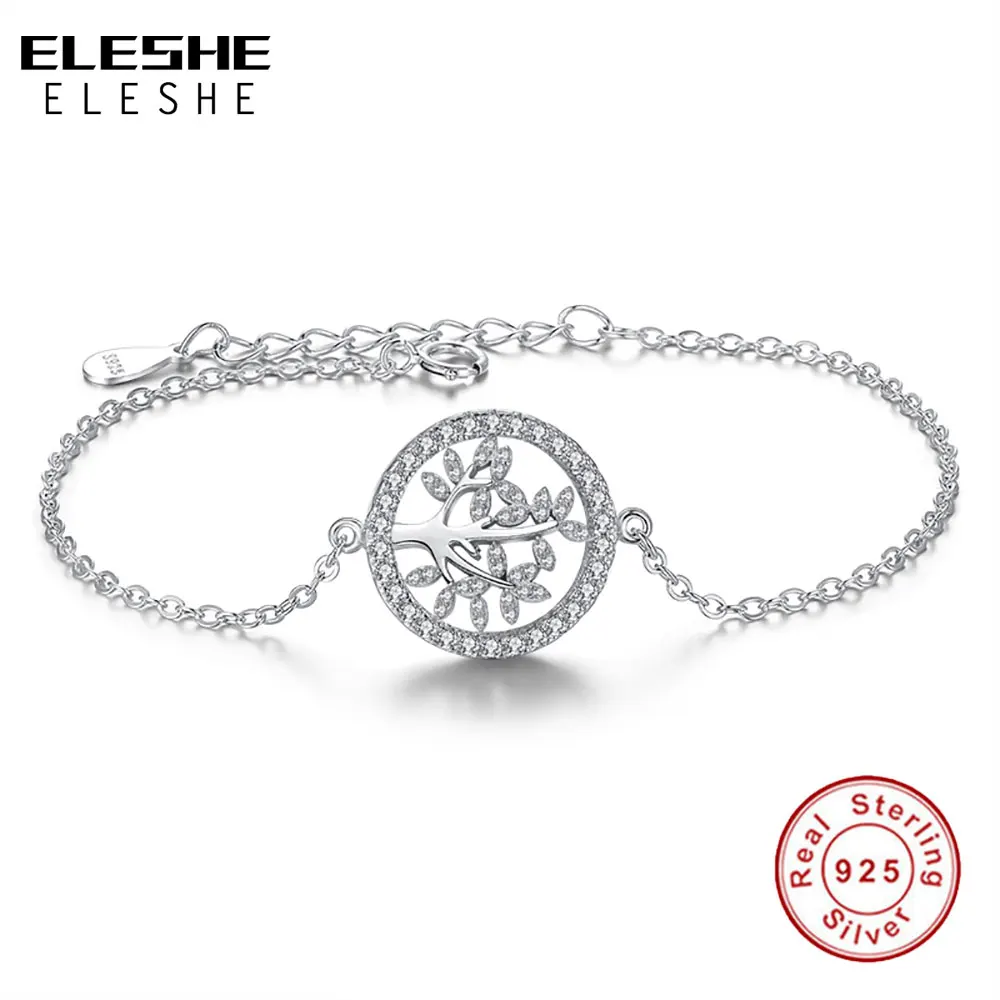 

ELESHE Cubic Zircon Crystal Life Tree Charm Bracelets for Women 925 Sterling Silver Bracelets Wedding Jewelry Gift Adjustable