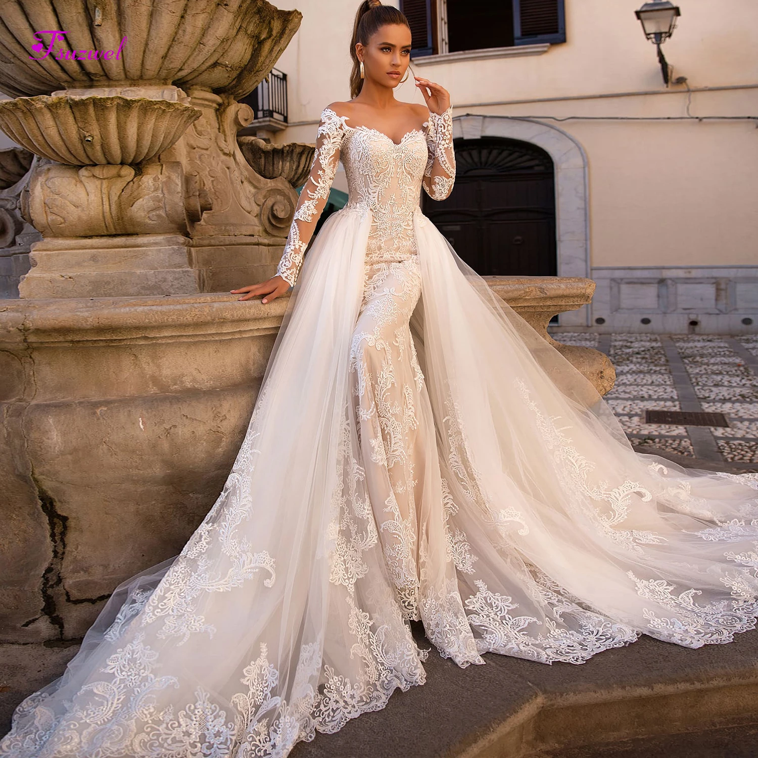 Fsuzwel Gorgeous Appliques Detachable Train Mermaid Wedding Dress 2022 New Arrival Boat Neck Long Sleeves Bridal Gown Plus size summer wedding guest dress