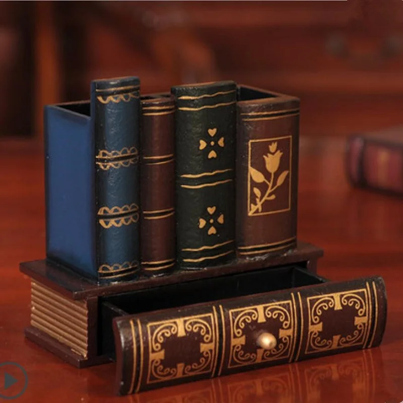 الرجعية حامل أقلام خشبي على شكل كتاب الخشب الحرفية ديكور المنزل قلم رصاص سطح المكتب الديكور صندوق تخزين الأدراج القرطاسية حامل الهدايا