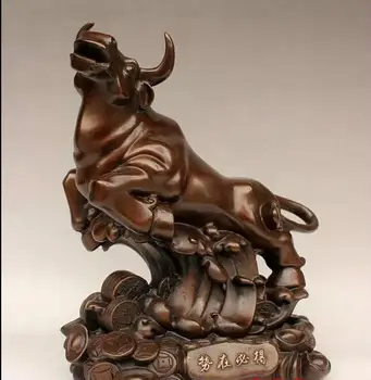 

30cm Wonderful huge copper statue running cow cattle bull with coins