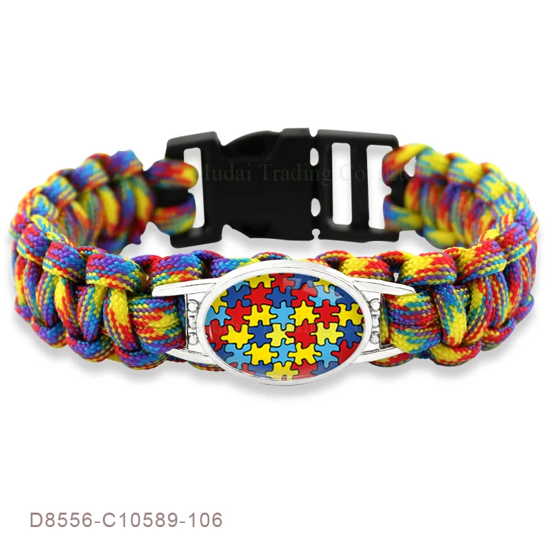 Bracelet Jewelry Puzzle Piece Autism Awareness Hope Charm Bracelets Colorful 25*18mm Glass Cabochon Outdoor Survival Paracord Men Women Jewelry
