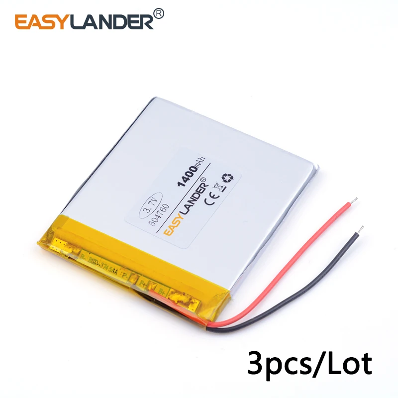 

3pcs /Lot 3.7v lithium Li ion polymer rechargeable battery 1400mAh 504760 For Mp3 MP4 MP5 GPS PSP Vedio Game toys