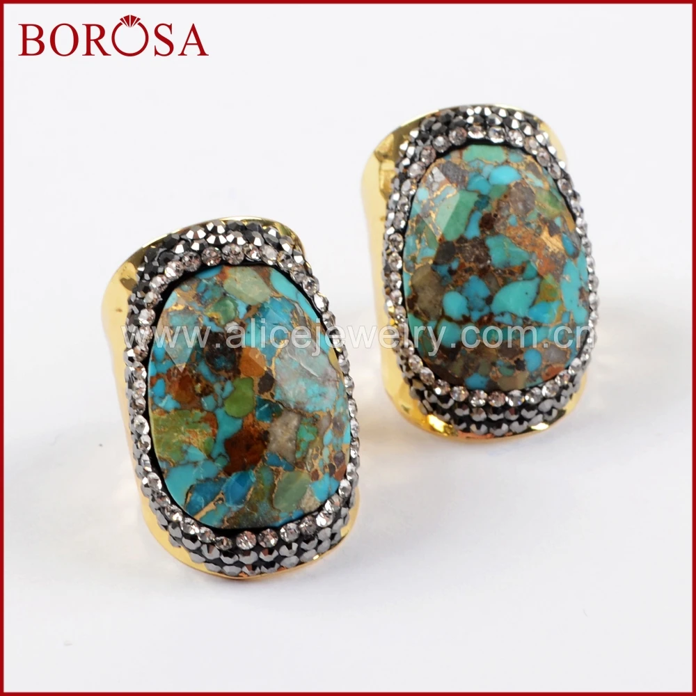 

BOROSA Druzy Jewelry 5/10PCS Natural Blue Stone Gold Band Rings,Freeform Turquoises Crystal Paved Zircons Gems Rings JAB900