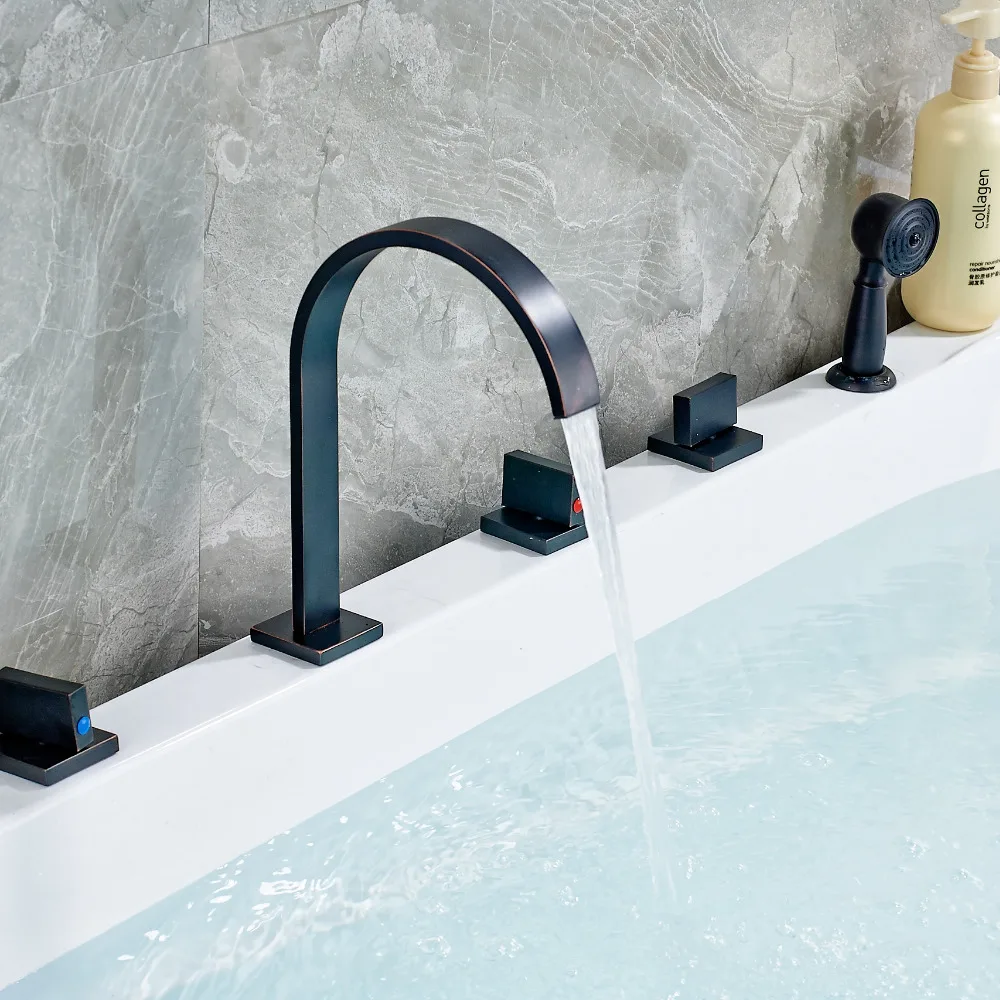 

Oil Rubbed Bronze Tall Bathtub Shower Faucet Handheld Shower Mixer Tap Deck Mounted