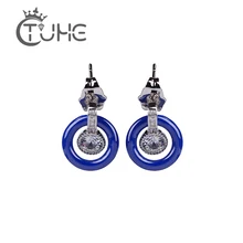 Новинка 585, серебряный цвет, белый кристалл, Круглый, три цвета, натуральный циркон, синий, белый, черный, серьги-гвоздики из керамики, женский подарок на свадьбу