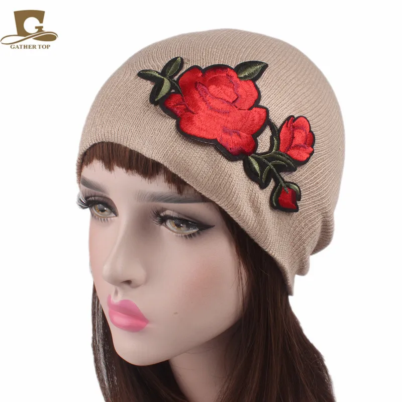 New rose flower emboridery Beanie Hats For Women Winter Knit Beanies