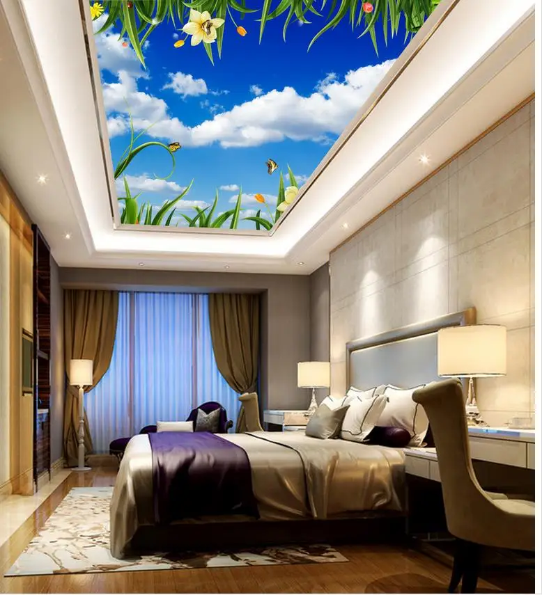 Blue and white flowers green leaves ceilings Landscape wallpaper murals