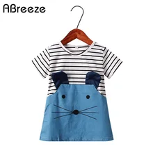 Летние платья для девочек хлопковые платья в полоску с короткими рукавами и рисунком мышки для девочек 1-5 лет