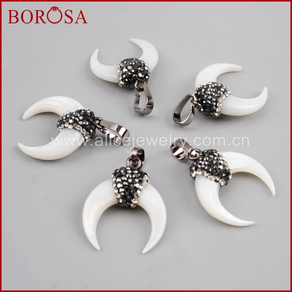 

BOROSA 10/20PCS Crescent Moon shape Natural White Shell Pendant Paved Zircon, Horn Jewelry Shell Pendant for Necklace JAB800