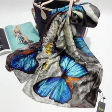 Шелковый шарф, женский шарф с цветочным принтом, птицами, листьями, цепочками, натуральные шелковые шарфы, платки и шарфы, 180*90 см хиджабы