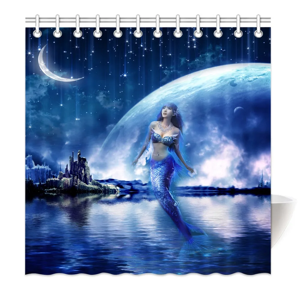 

HommomH Shower Curtain Weights Resistant Waterproof Fabric With Hooks Bathroom Dream Mermaid Beauty Elf Girl Galactic Moon Blue