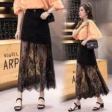 Лето новая женская одежда в европейском стиле темперамент женщин джинсовая юбка с кружевом женские пакет бедра, джинсовая юбка, A260