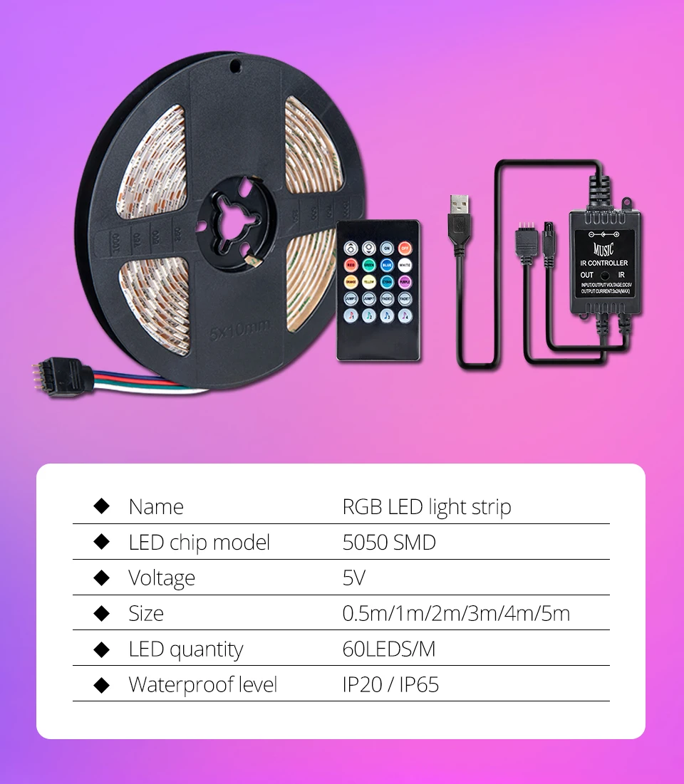 USB LED Strip with IR Remote Music Controller IP20 IP65 Flexible LED Strip Light SMD5050 RGB 5V USB TV Background Lightgting (2)