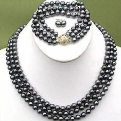 

FREE SHIPPING HOT sell new Style >>>> CHARMING 3ROW 9-10MM BLACK SOUTH SEA PEARL NECKLACE 17"-19" BRACELETS 7.5