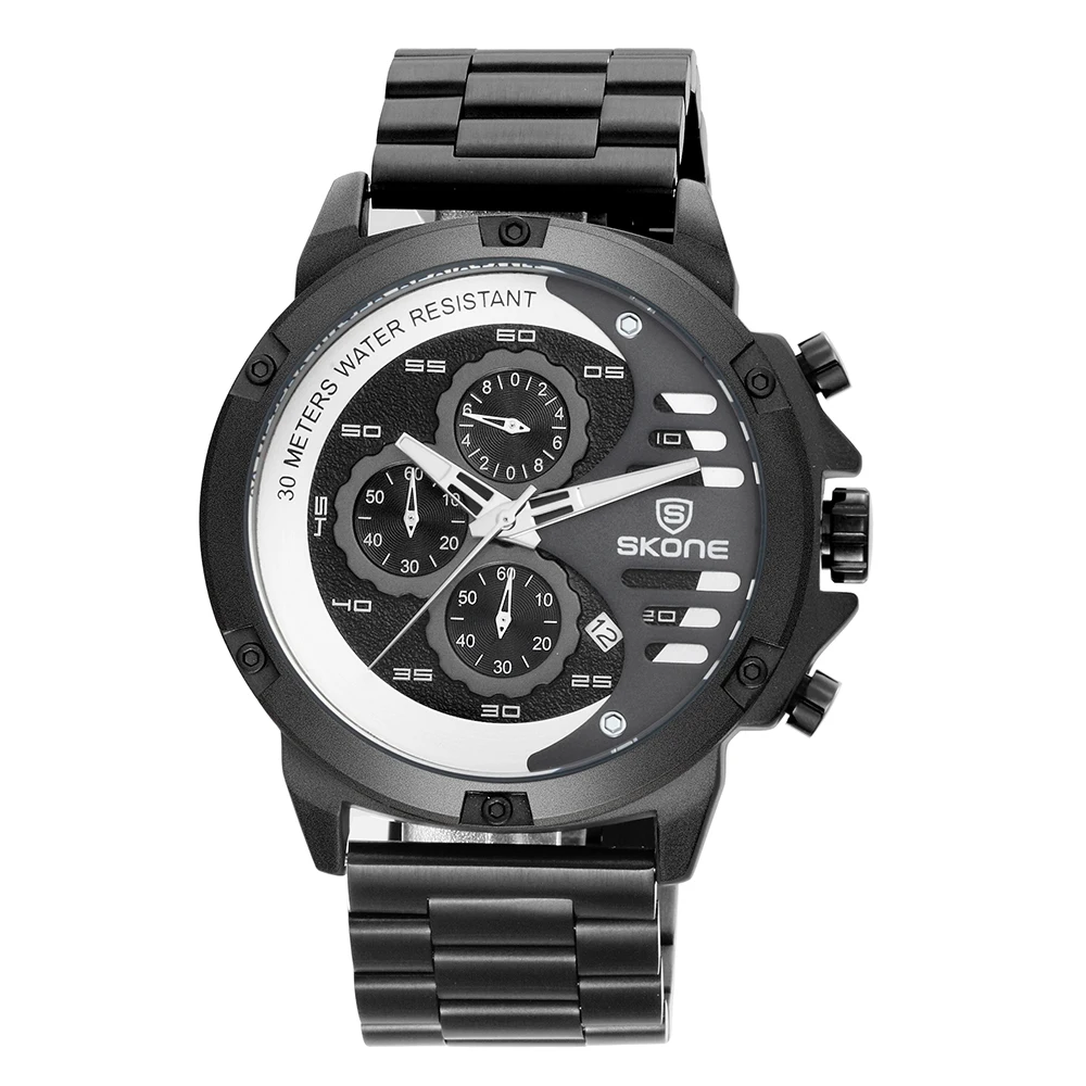 

Skone new sport Brand Men's Watches Gold Black Stainless Steel Chronograph Quartz Clock Male Famous Design Business Watch Man