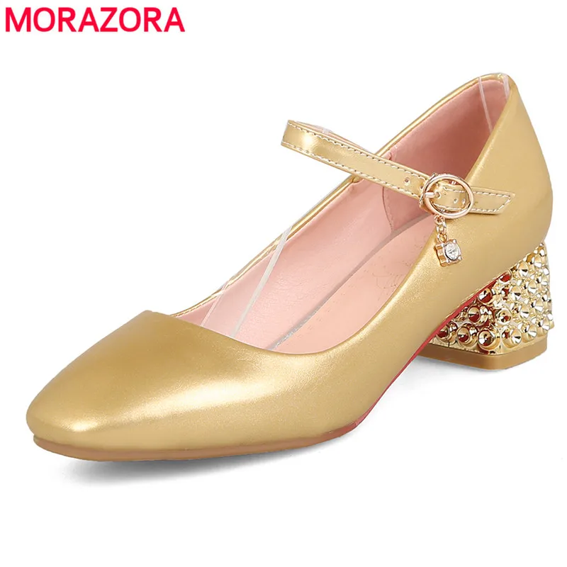

MORAZORA 2019 hot sale women pumps pu buckle spring summer shoes crystal square heels party wedding shoes big size 33-43