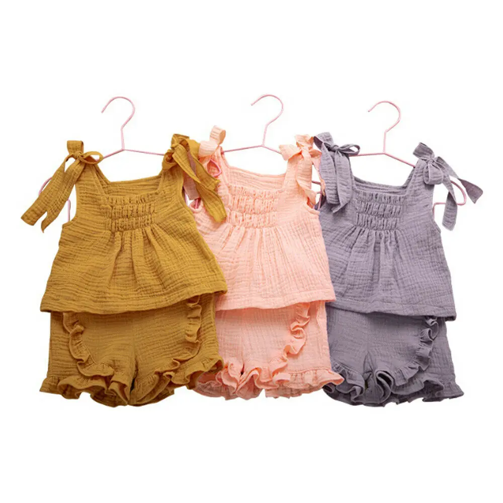

Toddler Baby Girl Clothes Girls Ruffle Top Girls Linen Tops Dress Strap Vest Shorts Pants Solid Sets Kids Summer Outfit Set 1-6T