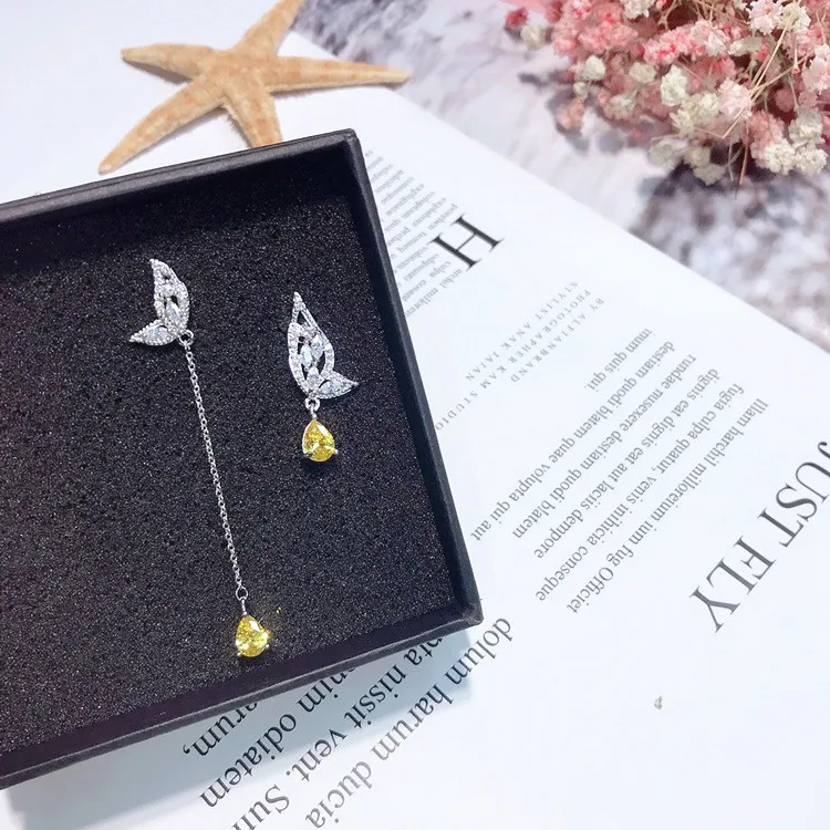 asymmetric butterfly yellow waterdrop cz earring 925 silver post Hypoallergenic fashion jewelry stud earrings for women gift