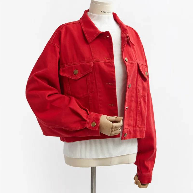 

Spring Red Button Denim Jacket Women Boyfriend Style Basic Jacket Long Sleeve Streetwear Girls Jacket Coat