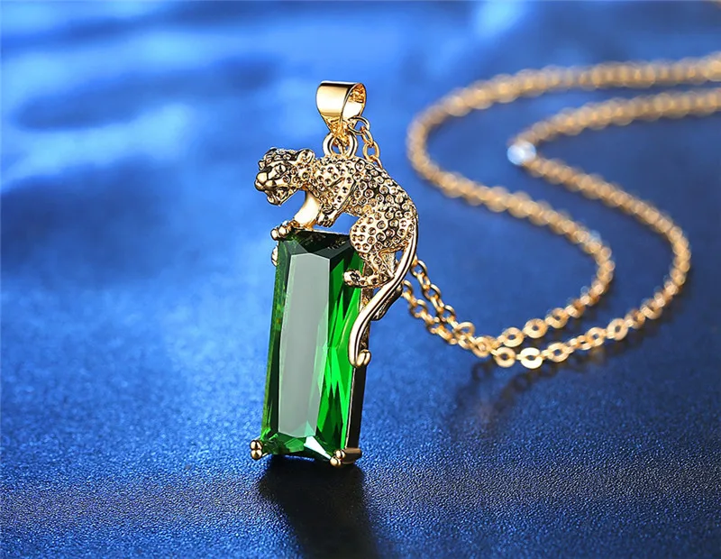 Trendy Green Geometric Stone Zircon Pendant Necklace Cool Animal Cheetah Gold Color Necklaces Woman Men Accessories Gifts N348 (6)