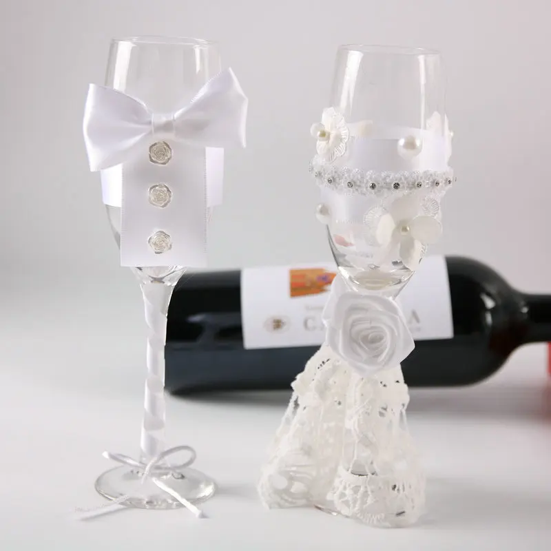 

1 pair/lot wedding Champagne Toasting Glasses Set Bowknot wedding wine cup