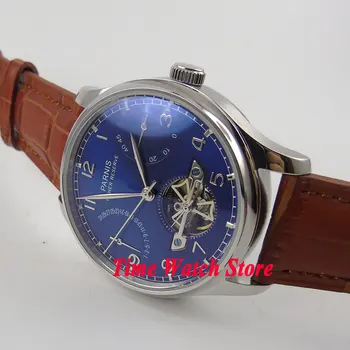 

Parnis watch 43mm Blue dial date power reserve brown strap ST2505 Automatic Men's watch 547 relogio masculino