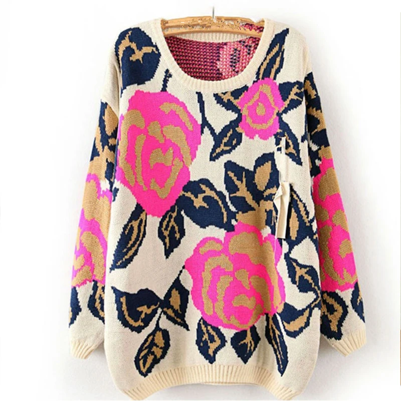 2017 New Winter Warm Women Knitting Sweater Rose Flower Pattern Thinken
