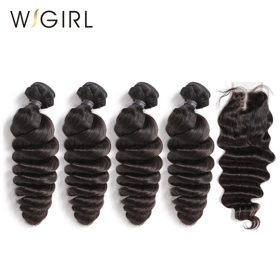 Wigirl свободная волна 8-28 30 дюймов 3 4 бразильские человеческие волосы пучки с 4x4 кружева Закрытие человеческих волос Удлинение переплет