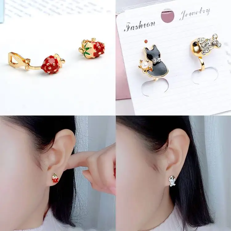 A Set of 2 Pairs Korea Style Animal Insect No Hole Earring Simple Charms Clip on Earrings for Children Students Jewelry Gifts 