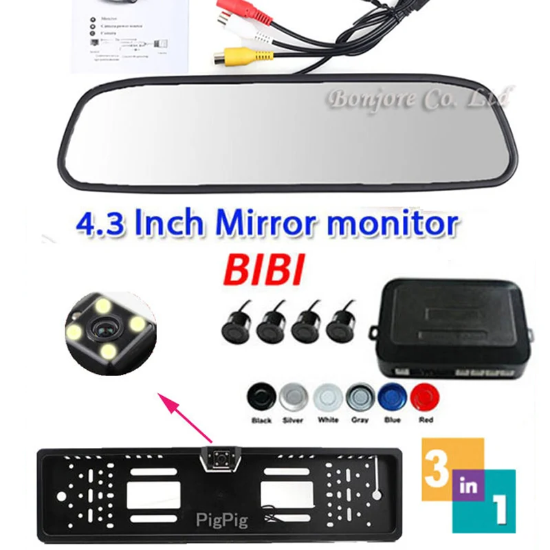 3 in 1 자동 비디오 주차 4 센서 지원 시스템 + 번호판 프레임 후면보기 카메라 + 4.3 인치 LCD 자동차 미러 모니터 
