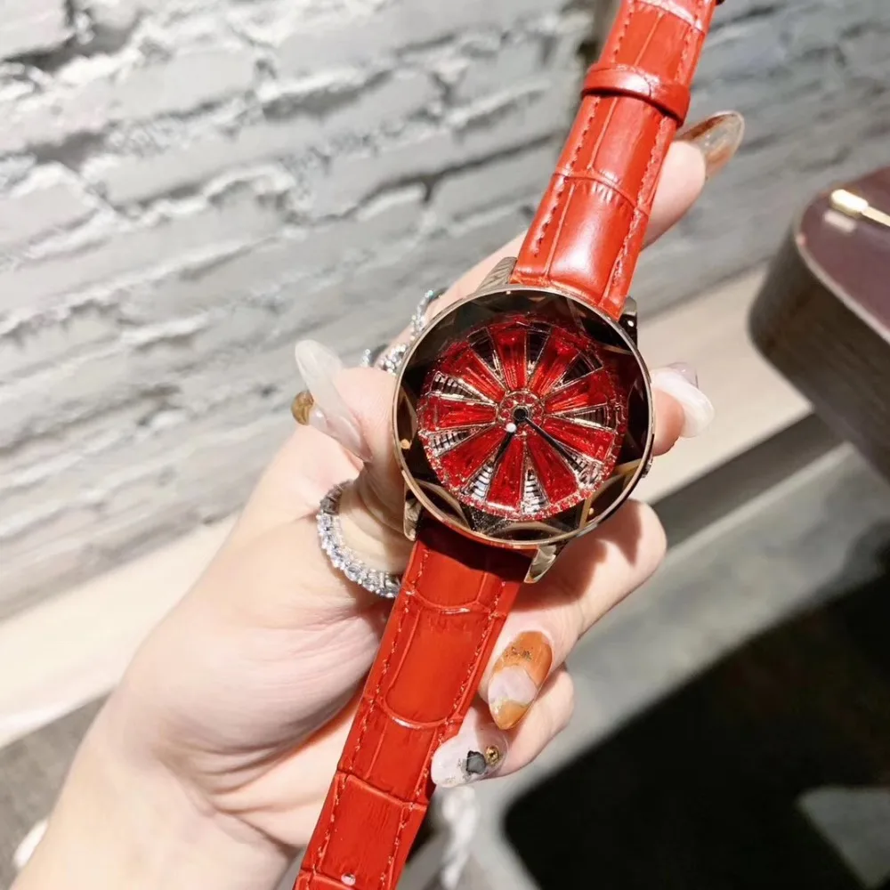 

New Designer Women GOOD LUCK Red Leather Strap Watches Quartz Blingbling Crystals Flower Wrist watch Rotating Gift Watch Analog