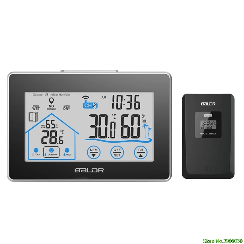 

LCD Touch Screen Weather Station Displays Temperature Humidity Indoor Outdoor Sensor