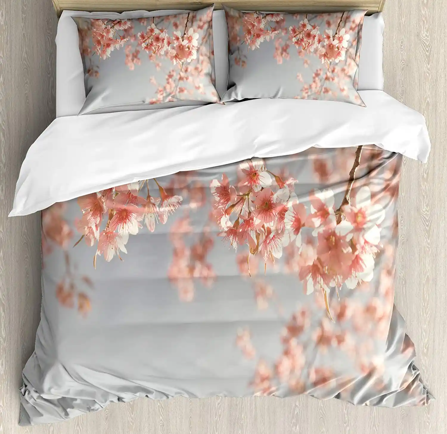 Peach Duvet Cover Set King Size Japanese Scenery Sakura Tree