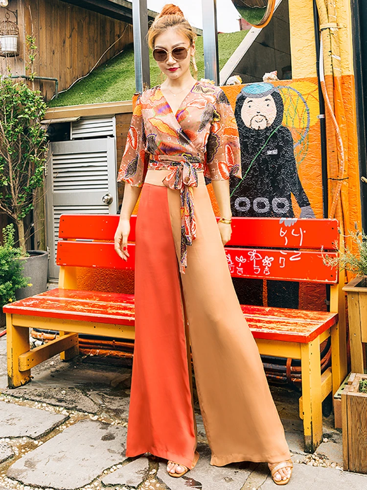 Summer new color contrast stitching double-sided silk high waist wide leg pants Super fairy floating trousers