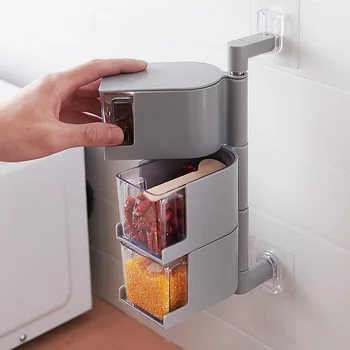

BF040 Kitchen Pasted wall hanging rotary flavoring box with spoon 3layers Spice Jar seasoning box 6.5*10.5*24.5cm