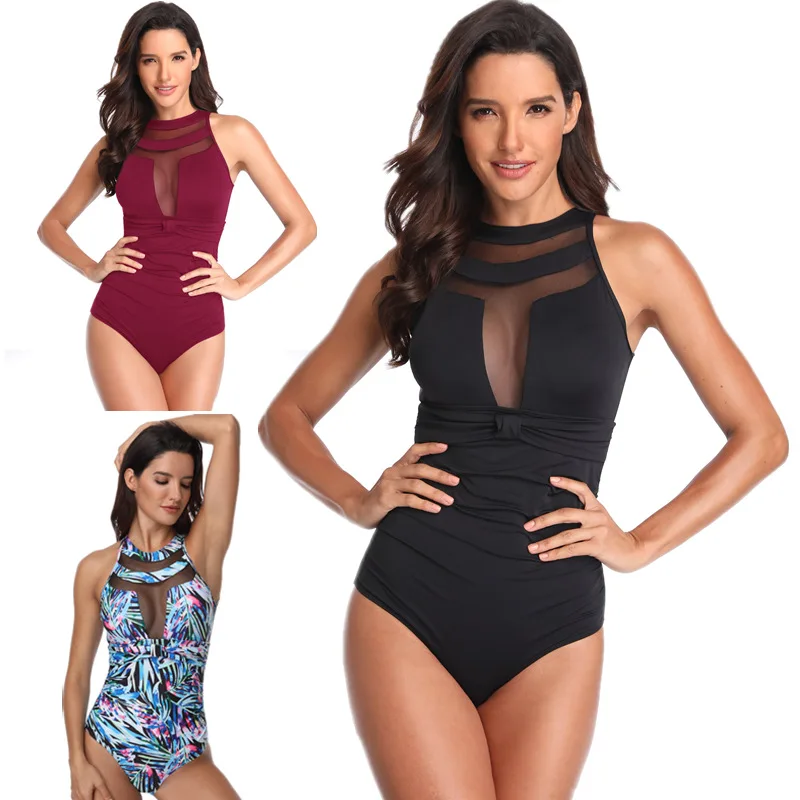 

New One Piece Swimsuit 2019 Swimwear Women Print Solid Swimwear Vintage Retro Bathing Suits Sexy Mesh Monokini Swimsuit