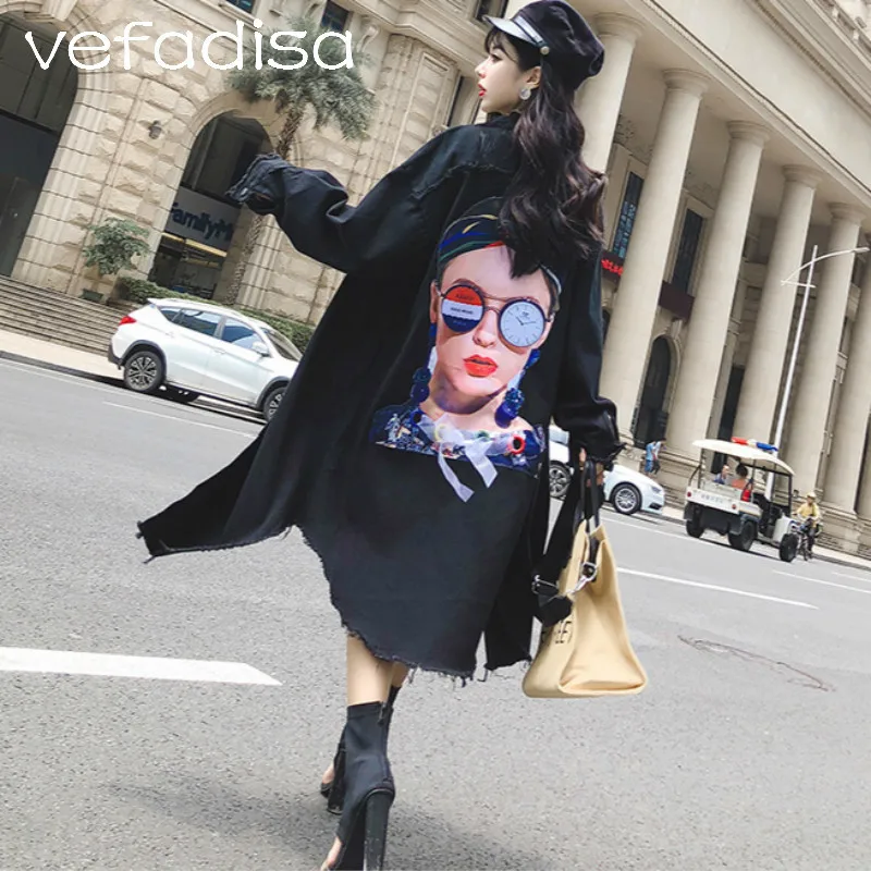 

Vefadisa Character Pattern Jacket 2018 Women's Irregular Coat Black Denim Jacket with Sequin Asymmetric Long Jeans Coat AD2211