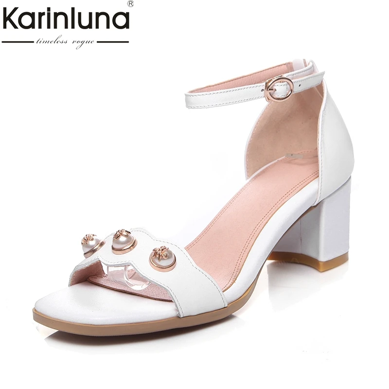 

KARINLUNA 2019 plus size 33-43 dropship square heels cow genuine leather women's Shoes pearls summer ankle-strap sandals shoes
