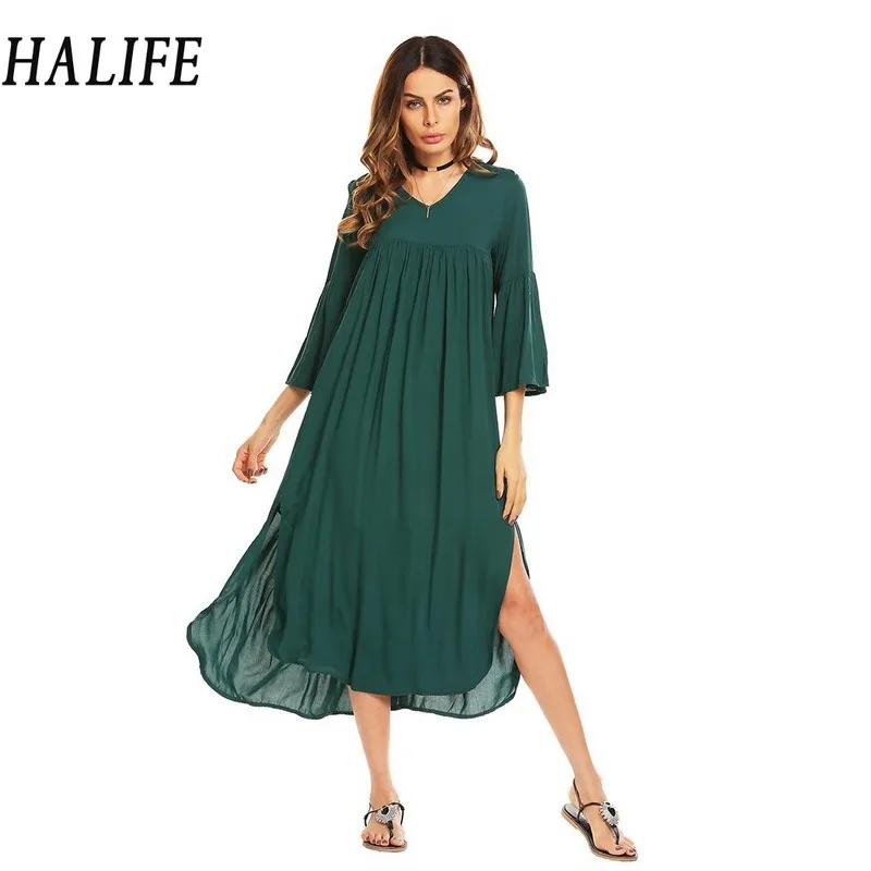 

HALIFE Women V-Neck Flare Sleeve Maxi Long Tent Dress Split Hem Bohemian Beach Loose Casual Green Dress Robe Femme Summer 1130
