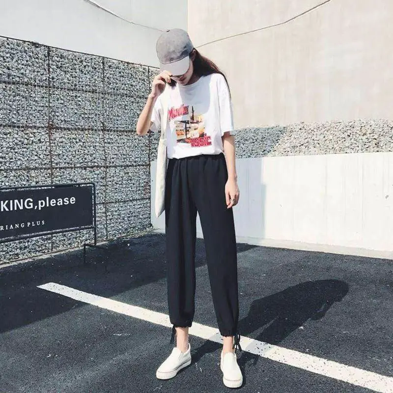 

Women Spring Summer Harem Pants Solid High Waist Trousers Loose Casual Chic School Girls Stretch Zipper Pants Korean Style