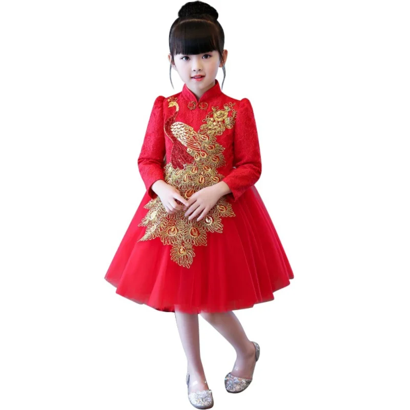Детское платье для девочек в китайском стиле, однотонное платье принцессы с длинными рукавами и вышивкой в виде феникса и воротником-стойкой, красное платье принцессы с бантом
