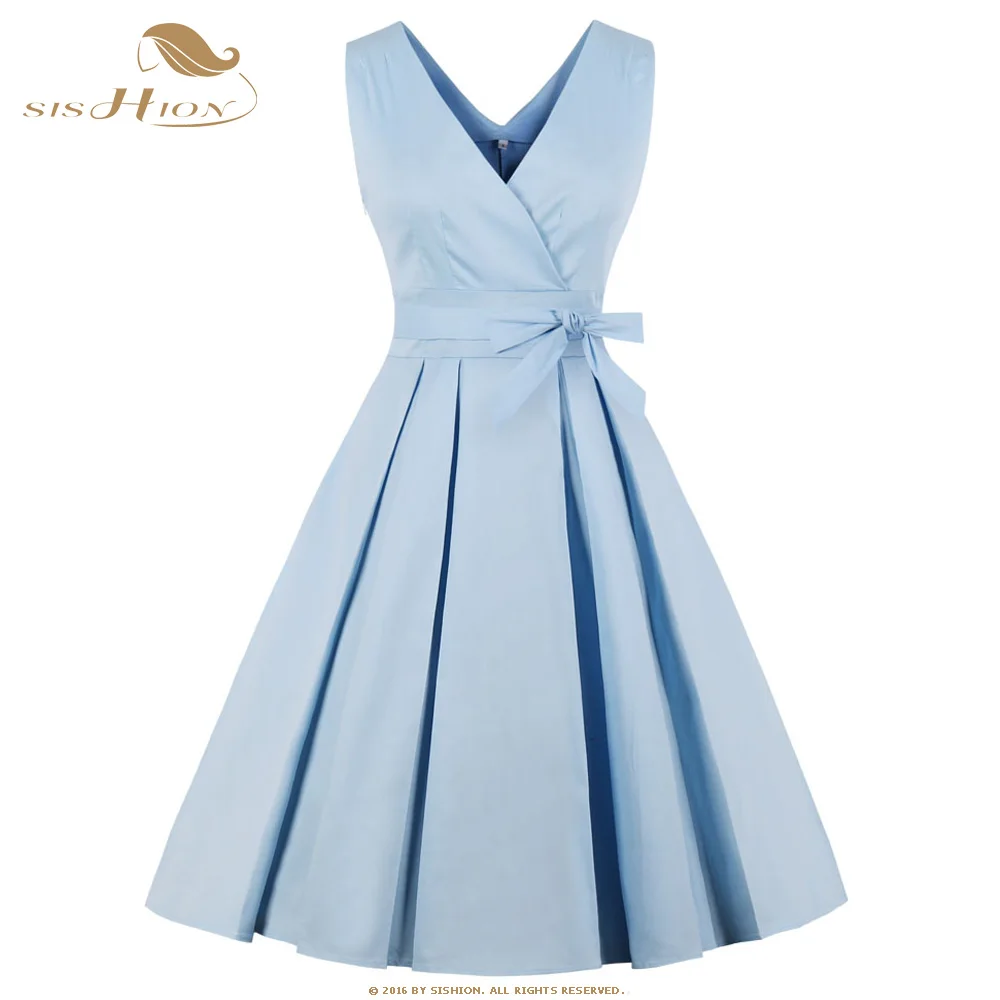

SISHION Elegant Summer Ladies Dresses Cotton Light Blue Tunic Sexy Pleated Vintage Dresses Plus Size VD0798