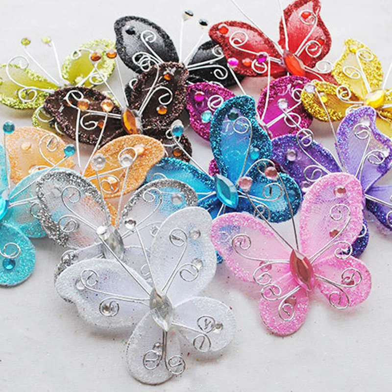 10Pcs  Mixed Organza Wire Rhinestone Butterfly Wedding Decorations For Scrapbook Home Decor Party Accessories