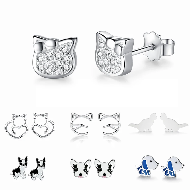 Аутентичные 925 пробы серебряные серьги-гвоздики, эмаль, милые животные, кошка, собака, Кристальные серьги для женщин, модные ювелирные изделия, серьги