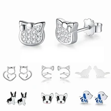 Аутентичные 925 пробы серебряные серьги-гвоздики, эмаль, милые животные, кошка, собака, Кристальные серьги для женщин, модные ювелирные изделия, серьги