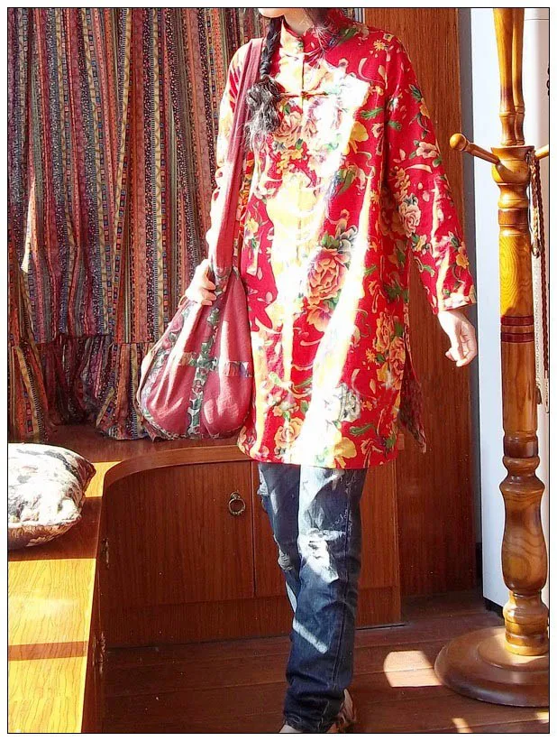 Китайский национальный стиль ретро хлопок, воротник-стойка лягушка длинный рукав блузки с боковыми разрезами длинное платье чонсам