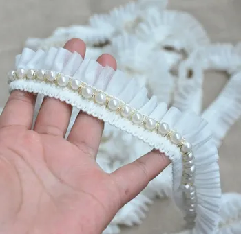 

White Black Chiffon Beaded Lace Trim Diy Handmade Wedding Dress Clothes Accessory Decoration Lace Fabric 3.5cm Wide RS233