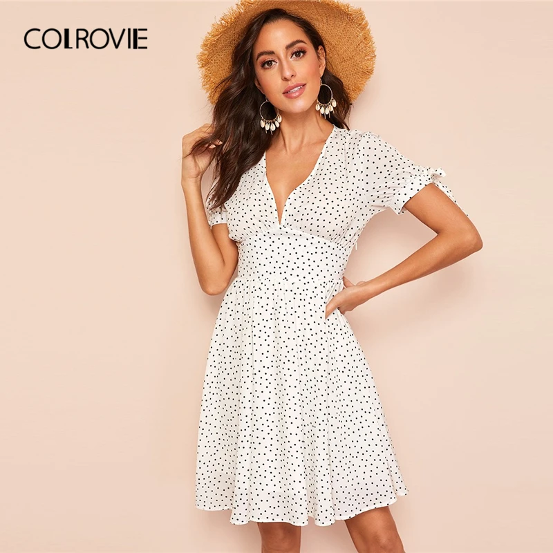 

COLROVIE White Knotted Puff Sleeve Wide Waist Polka Dot Dress Women 2019 Summer Boho Deep V Neck Short Sleeve High Waist Dresses
