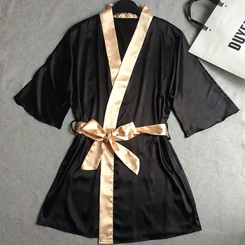 

New Fashion Black Gold Womens Silk Sleep & Lounge TRobe Gown Lingerie Classic Nightgown Kimono Sleepwear With Belt One Size 0010